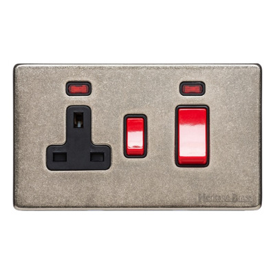 M Marcus Electrical Vintage 45A Cooker Unit/13A Socket With Neon, Rustic Nickel - XRN.162.BK RUSTIC NICKLE