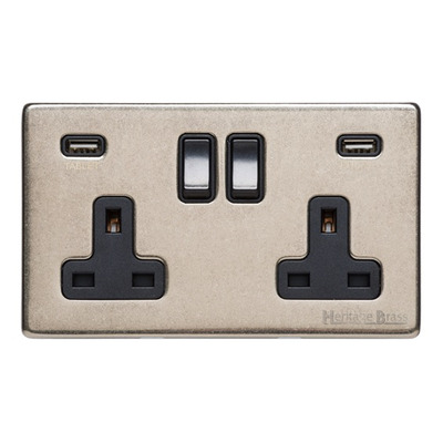 M Marcus Electrical Vintage Double 13 AMP USB Switched Socket, Rustic Nickel With Black Switch - XRN.750.BK-USB RUSTIC NICKEL
