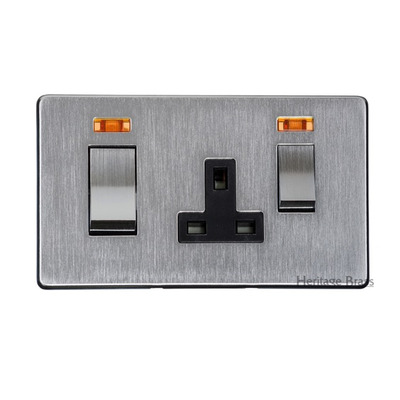M Marcus Electrical Studio 45A Cooker Unit/13A Socket With Neon, Satin Chrome (Black OR White Trim) - Y33.262.SC SATIN CHROME - BLACK INSET TRIM