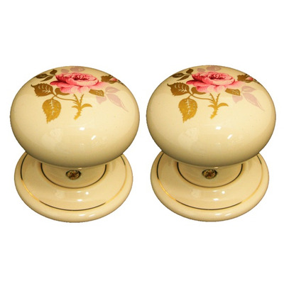 Chatsworth Floral Porcelain Mortice Door Knobs, Chintz Rose - BUL602-7-CHRO (sold in pairs) PORCELAIN CHINTZ ROSE MORTICE KNOB
