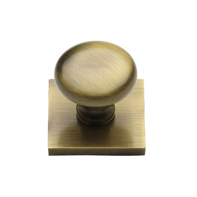 Heritage Brass Victorian Round Cabinet Knob With Square Backplate (32mm Knob, 38mm Base), Antique Brass - SQ113-AT ANTIQUE BRASS - 32mm