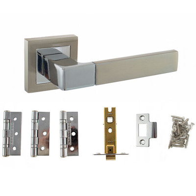 Atlantic Status Montana Contract Door Pack Including Handles On Square Rose, 3" Latch & 3 x 2" Hinges (x3), Satin Nickel & Polished Chrome - ADPCS40SSNPC (sold in pairs) (Complete Pack With Handles, Latch & Hinges) - SATIN NICKEL/POLISHED CHROME