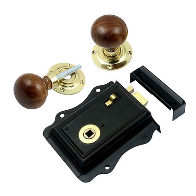 Prima Fancy Rim Lock (125mm x 120mm) With Rosewood Mushroom Rim Knob (57mm), Black - BH1025BL (sold as a set) BLACK FANCY RIM LOCK WITH MUSHROOM ROSEWOOD KNOB
