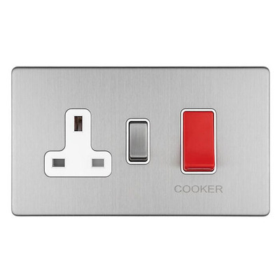 Carlisle Brass Eurolite Concealed 3mm 45 Amp Cooker Switch with Socket, Satin Stainless Steel With White Trim - ECSS45ASWASW SATIN STAINLESS STEEL - WHITE TRIM