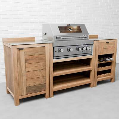 Draco Grills Teak 4 Burner Outdoor Kitchen with Modular Single Cupboard and Wine Cabinet, Without Side Panels / End of June 2024