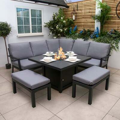 Bracken Outdoors Miami Dark Aluminium Compact Corner Set with Gas Fire Pit Table and Stools, End of April 2024