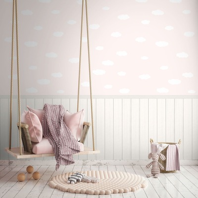 Clouds and Wood Slats 2 in 1 Vinyl Wallpaper Pink / White AS Creation 39816-3
