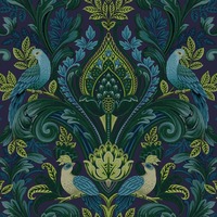 Peacock Damask Textured Vinyl Wallpaper Blue / Green Grandeco A67802