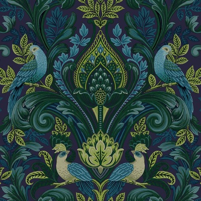 Peacock Damask Textured Vinyl Wallpaper Blue / Green Grandeco A67802
