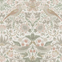 William Morris At Home Strawberry Thief Wallpaper Sage Green / Pink 124233