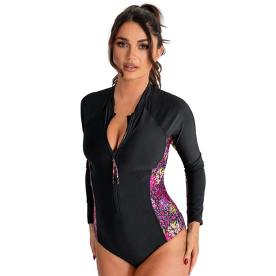 Pour Moi Energy Long Sleeved Zip Swimsuit - Black/Confetti - XS - 8