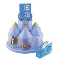 EXERZ Rotary Desk Organiser Pen Tidy Set with 5 Accessory Boxes -with Safety Scissors (NOT Sharp), Ruler, Tape Dispenser, Eraser, Clips – Blue