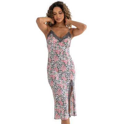 Pour Moi Dusk Satin And Lace Midi Chemise - Grey Leopard