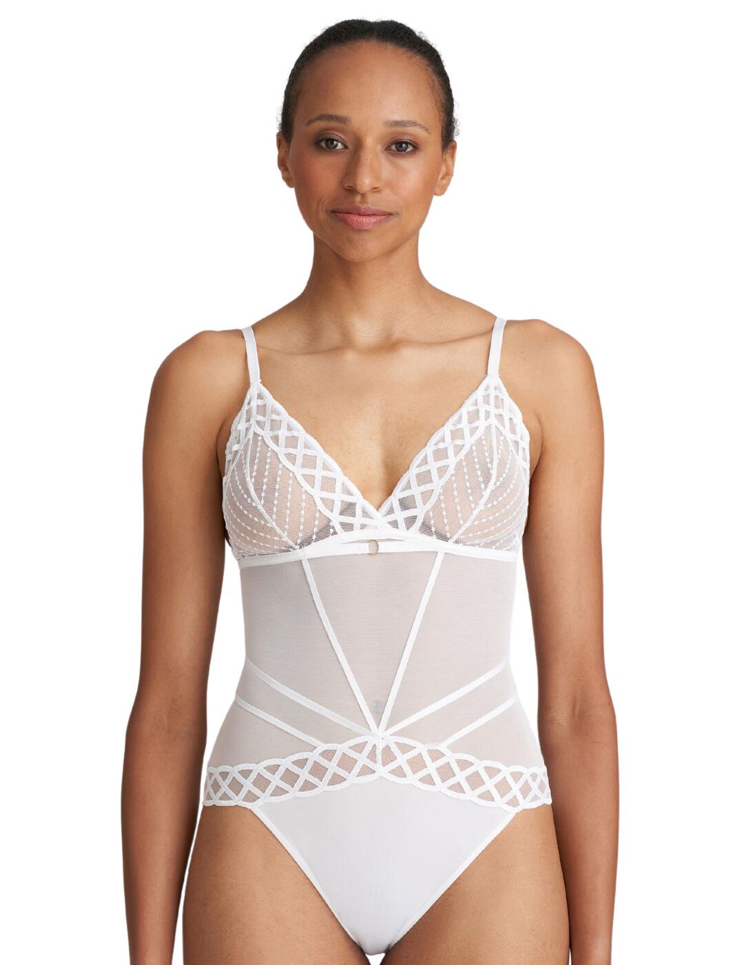 For those exceptional moments when only the very best will do, why not indulge yourself with the exquisite Marie Jo Jhana bodysuit? Crafted from luxurious full lace, you won t be able to resist the semi-opaque coverage and flirty look of this beautiful piece. With its intricate lace detailing and scalloped paneling, it radiates sophistication and quality. This piece boasts non-padded, wireless cups for a natural look that embraces your curves. Plus, the bright contrast of the gold embellishments adds a stylish touch. Adjustable straps and a secure clip fastening ensure a perfect fit, as does the scoop back detail for ease of movement. Complete the look with one of the chic coordinates from the matching collection for an overall look that will turn heads.