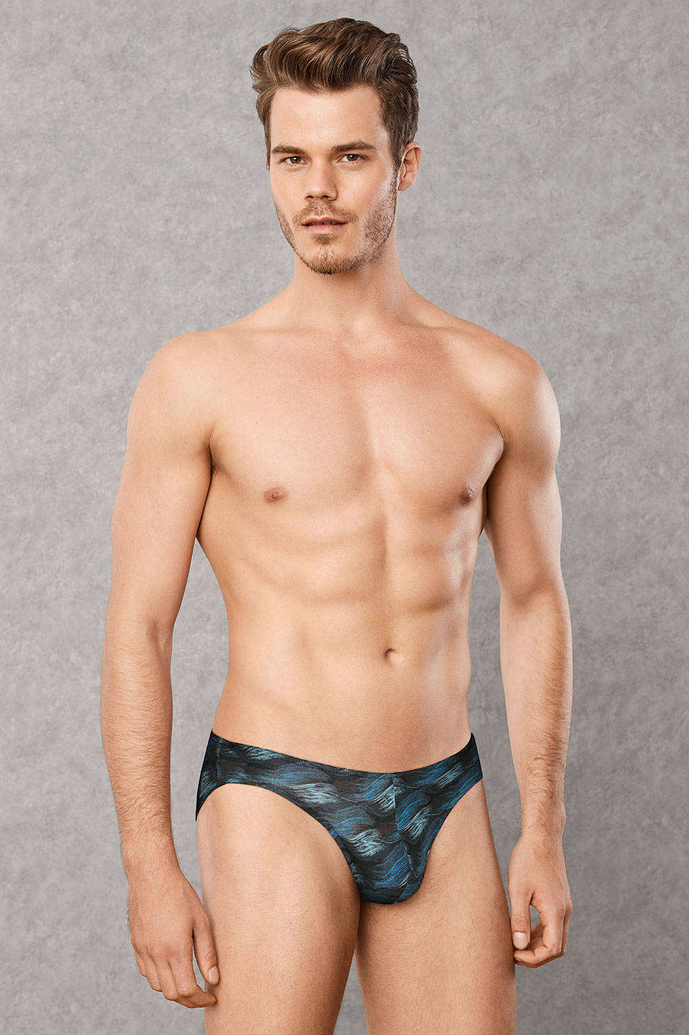 Brilliant blue brush strokes dress this men's underwear bikini brief. A male slip in cotton modal – great shape and good cover. Buy online now