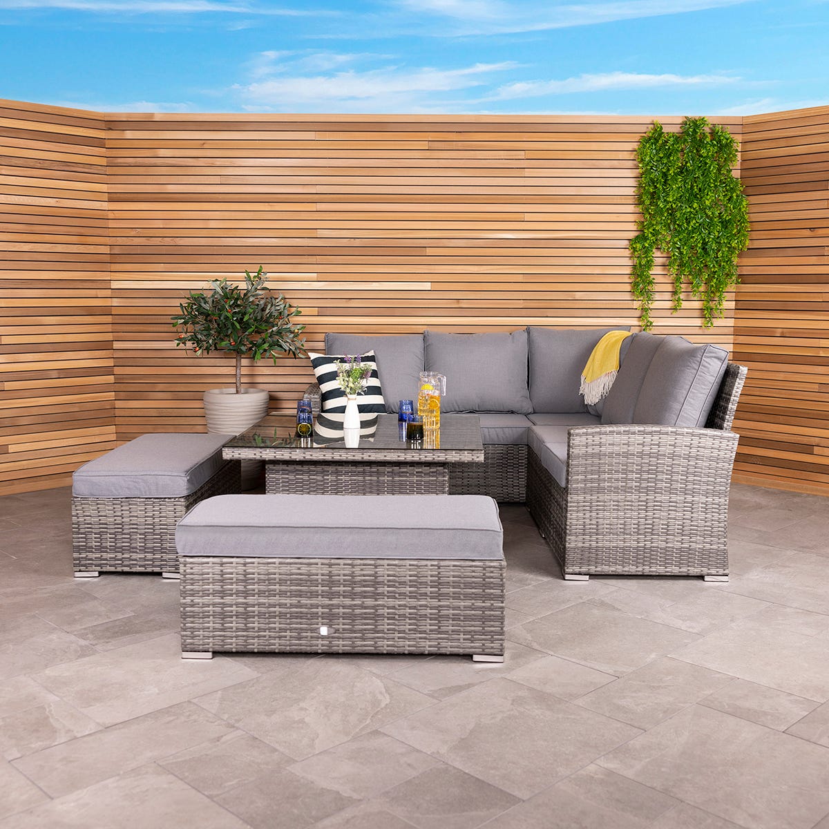 Rattan Corner Lounge Set with Table Grey