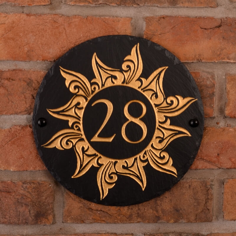 Round Rustic Slate House Number with Golden Sun 1