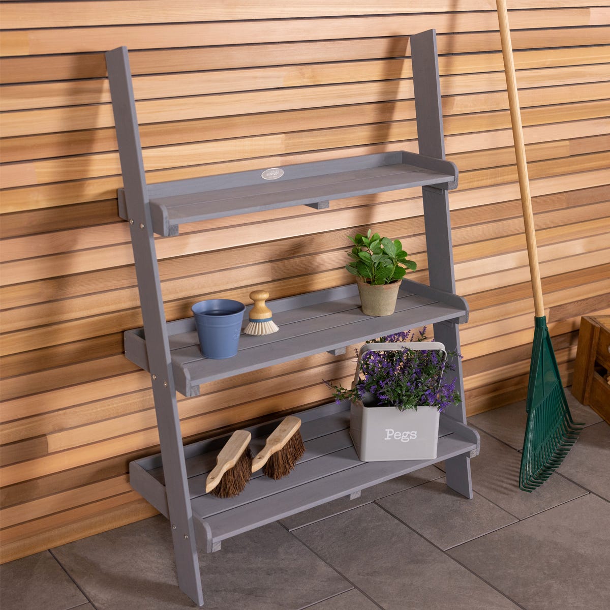 Charles Bentley Fsc Wide Wooden Ladder Planter Grey