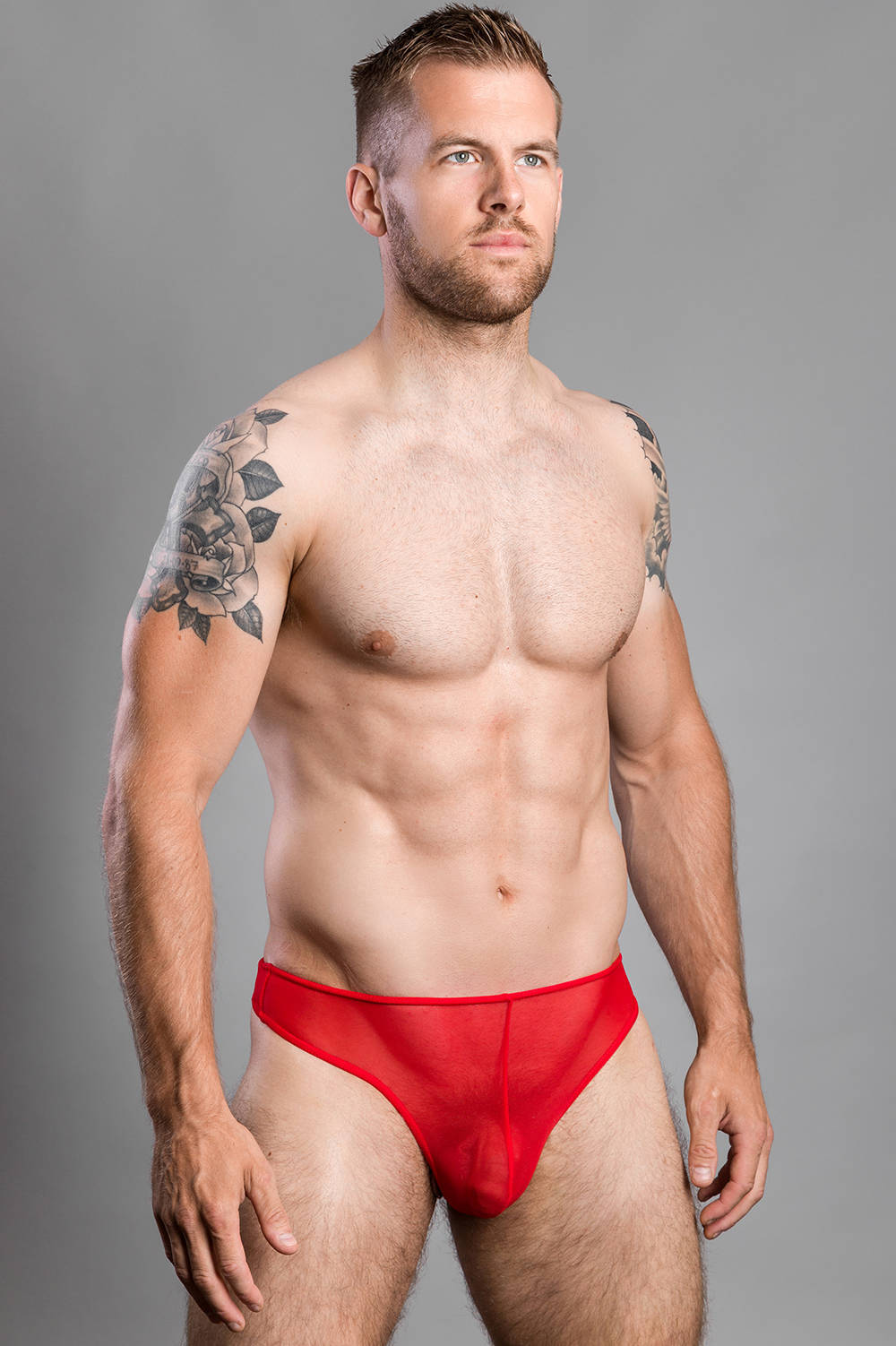 Shop sheer sexy men's underwear thongs online at DGU. Silky mesh male slips create a veil of colour. International shipping. Plain parcels. Buy here