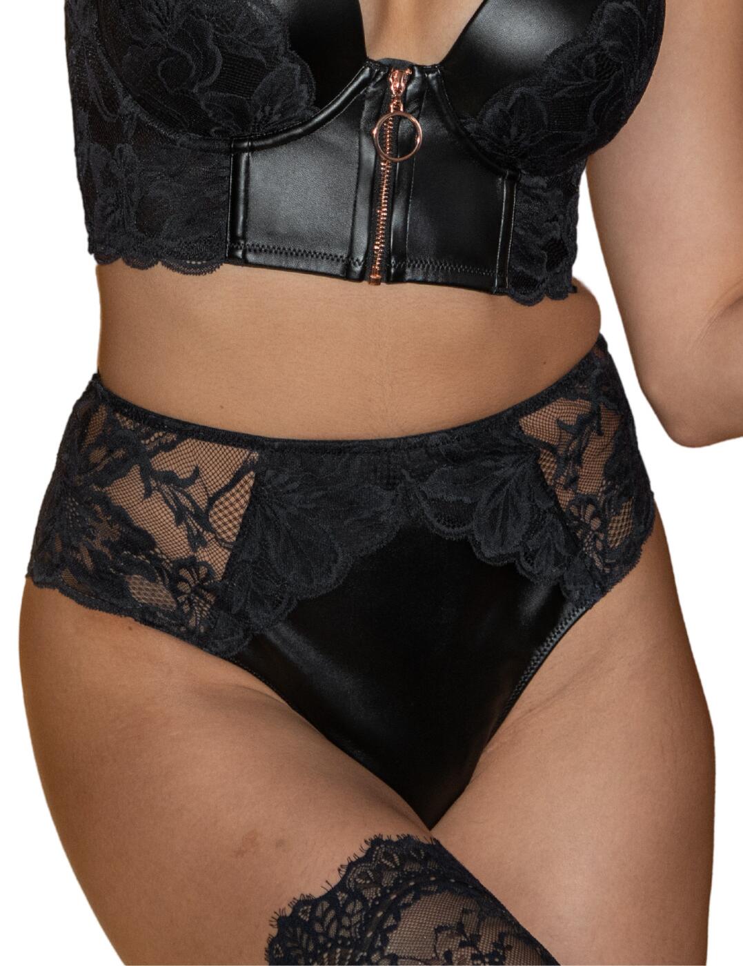 Make a statement this season with the Pour Moi Onyx Brazilian brief. Crafted with a high-rise waist and a high leg rise, this brief is designed to flatter your curves and accentuate your natural beauty. The opulent lace with a contrasting liner creates a sensual appeal, while the soft PU faux leather front panel adds a touch of edginess. But that's not all - the back strappy feature and gold hardware details take this brief to the next level of chicness. And with moderate rear coverage, you can rock this brief with confidence and comfort. Don't forget to complete your look with the matching coordinates, available to elevate your lingerie game.