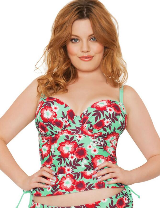 The Curvy Kate Aloha Tankini top comes with an underwired concealed padded bra support, and has been designed to support D plus swimwear through to a K .The tankini top has adjustable straps and has a strong clip fastening. The Aloha tankini comes with hidden internal boning on the sides for structure and shaping with gathering at the sides for extra coverage. The top is decorated with a fusion of red tropical flowers upon a mint green base.  Finally to get a more individual look the tankini comes with adjustable ties on the sides so you can create your own individual fit.   18327-31028-552810 CS3016 Tankini Top