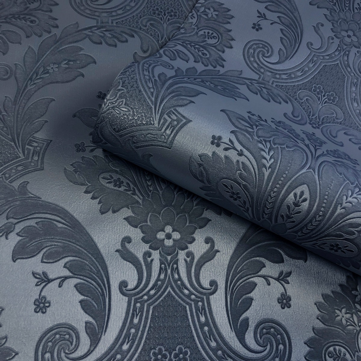 Belgravia Decor Amara Damask Dark Blue Wallpaper 10m x 53cm, Blue