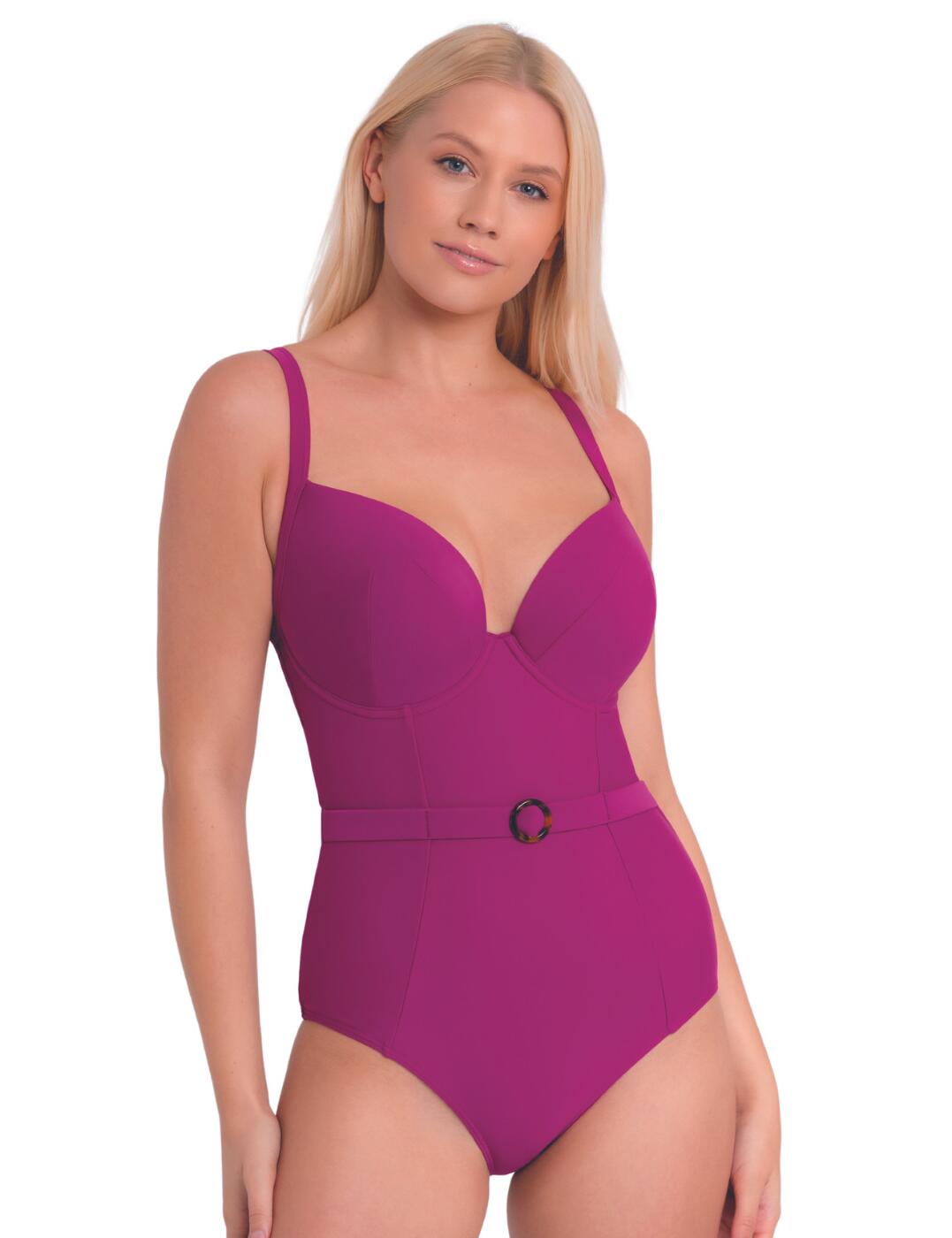 The Retro Sun collection by Curvy Kate brings you a timeless range of flattering beachwear. This padded plunge swimsuit boasts a simplistic design that is flattering on all bodies. Padded cups offer great coverage and a volume boost which is accentuated by the plunging neckline. The adjustable and convertible shoulder straps allow you to wear them as a cross-back or tie-up as a halterneck. The flattering belt detail on the waistband gives the illusion of a smaller waist and is finished with a contrasting buckle. The low-leg and full rear coverage preserves modesty and offers superior comfort.  Plunging neckline Padded cups Convertible shoulder straps Clip closure Country of origin: China Composition: Main: 80% Nylon &pipe; 20% Xtra Life Lycra Composition: Lining: 100% Polyester Composition: Lining 2: 85% Polyester &pipe; 15% Elastane Composition: Lining 3: 100% Nylon Composition: Wing Mesh: 73% Nylon &pipe; 27% Elastane Listed in UK sizes  55590-99052-1282827 CS019601  Swimsuit