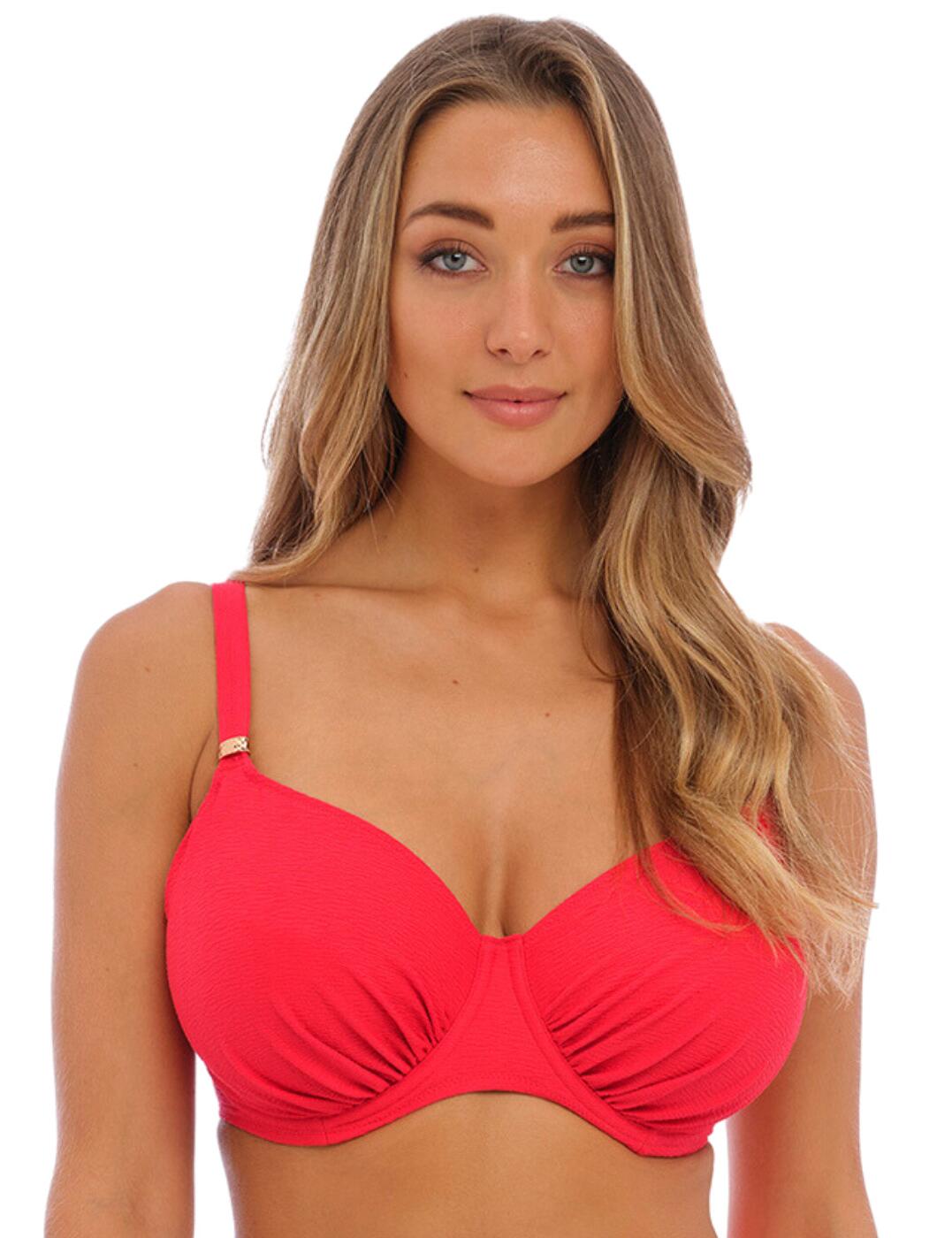 Welcome this season with style in the Fantasie Almeria full cup bikini top! Ideal for ladies who want both fashionable and functional swimwear, this flattering design is perfect for lounging poolside. Featuring a full cup neckline and underwired support, your curves will be lifted and hugged in all the right places. The lined wings ensure you will feel secure throughout the day, while adjustable shoulder straps make finding your perfect fit a breeze. Plus, you’ll love the gathered cup detailing that gives this piece a charming touch with the non-padded cups embracing your natural curves. And since it comes with its own signature Fantasie pendant, you can show off a touch of chic style to stand out from the crowd – all while highlighting your feminine figure. Match this piece with one of Fantasie's corresponding coordinates, you’ll be ready for whatever comes your way!  Lined wings to provide support Fully adjustable shoulder straps Full cup neckline Underwired Non-padded Gathered cup detailing for a flattering look Fantasie logo pendant for a cute edge Back clasp closure Matching coordinates available Country of origin: Tunisia Composition: 87% Polyamide &pipe; 13% Elastane Listed in UK sizes  60254-105093-1379377 502727 Full Cup Bikini Top
