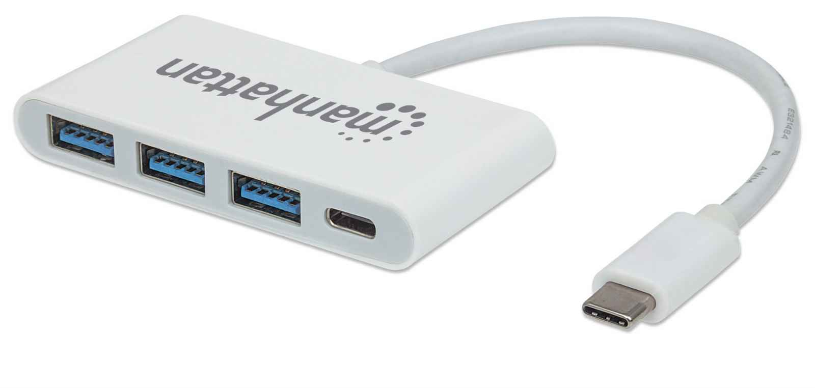 Manhattan Usb-C 4-Port Hub/Dock/Converter, Usb-C To Usb-C (With Power Delivery) And 3X Usb Type-A, 5 Gbps (Usb 3.2 Gen1 Aka Usb 3.0), Male To Females, White, Blister