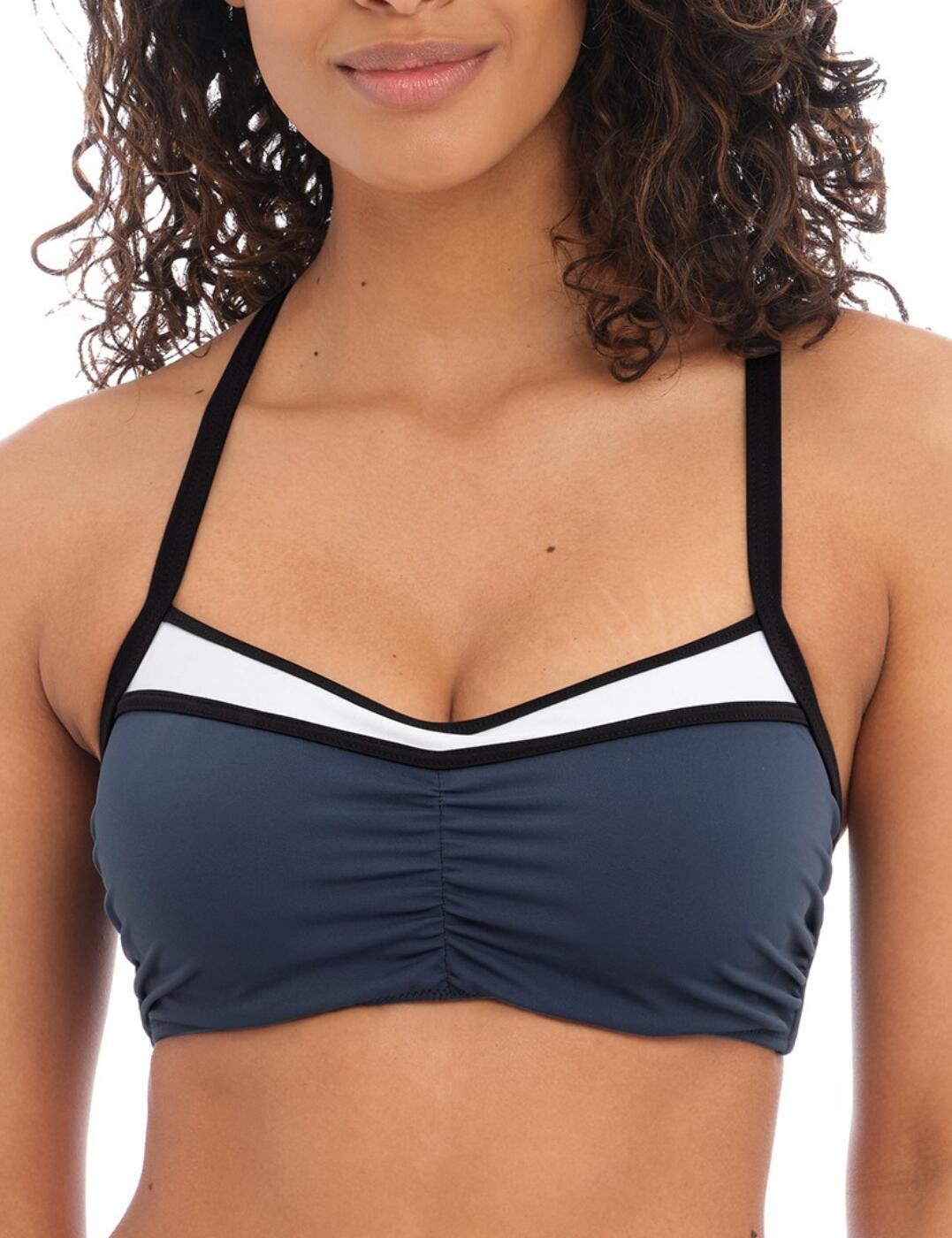 Introducing the Freya Colour Crush bralette bikini top! This chic and feminine swimwear is perfect for any occasion. The bralette-style bikini top offers good coverage with non-padded cups, concealed underwire, and lined cups for shape. A feminine gather detail at the centre and side creates a beautiful shape. With its adjustable convertible straps and clasp closure, you’ll be comfortable in your bikini top all day. The plain opaque fabric with the stripe detail on upper cups adds an extra touch of fashion. Don't forget to complete your look with the matching bikini bottoms!  Bralette style bikini top Offers good coverage Non-padded cups Concealed underwire Lined cups provide shape Feminine gather detail at the centre and side creates shape Convertible adjustable straps Clasp closure Plain opaque fabric with stripe detail on upper cups Comfortable fit Matching bikini bottoms are also available Country of origin: Sri Lanka Composition: 72% Polyamide &pipe; 16% Elastane &pipe; 12% Polyester Listed in UK sizes  60548-105440-1385957 202014 Bralette Bikini Top