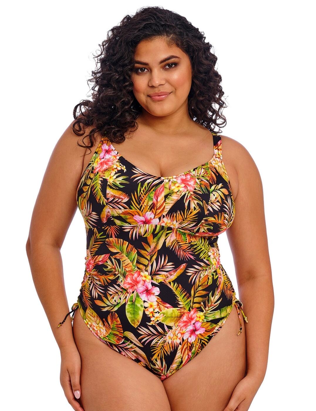 Make a statement in the sun this season with the Tiger Valley non-wired swimsuit by Elomi. Designed with lightweight fabric and a suspended underbust shelf for optimal wireless support, this eye-catching swimsuit offers a reassuring fit without sacrificing style. A beautiful tropical print adorns the piece, perfect for relaxing poolside or exploring the beach, with adjustable tie sides to create a body length that's just right for you. The low-scoop back and non-padded cups ensure comfortable wear with a natural silhouette, while fully adjustable straps and a plastic clasp closure at the rear provide a custom fit. Why not shop matching swimwear from the Tiger Valley collection to totally upgrade your holiday wardrobe?