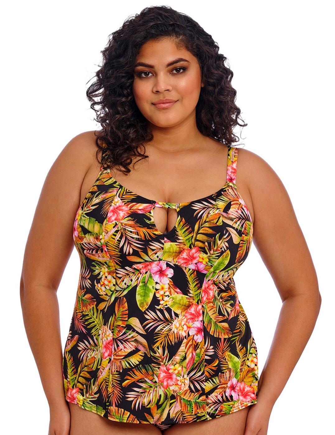 The Tiger Valley moulded tankini top by Elomi is your ticket to the world of tropical, alluring swimwear! With its comfortable non-wired structure and lightly padded, moulded cups, this tankini top creates a smooth silhouette to enhance your natural shape. The powernet-lined back provides support where you need it most, while the playful centre-front cut-out adds a flirty touch. Crafted from lightweight fabric, it offers a gentle flare shape for added elegance for all body sizes, allowing freedom of movement whether you're taking a dip in the sea or lounging by the pool. Plus, with fully adjustable straps and a plastic clasp closure at the rear, you can wear this tankini top with confidence and security. Shop the Tiger Valley collection for matching swimwear to hone your ideal holiday look.