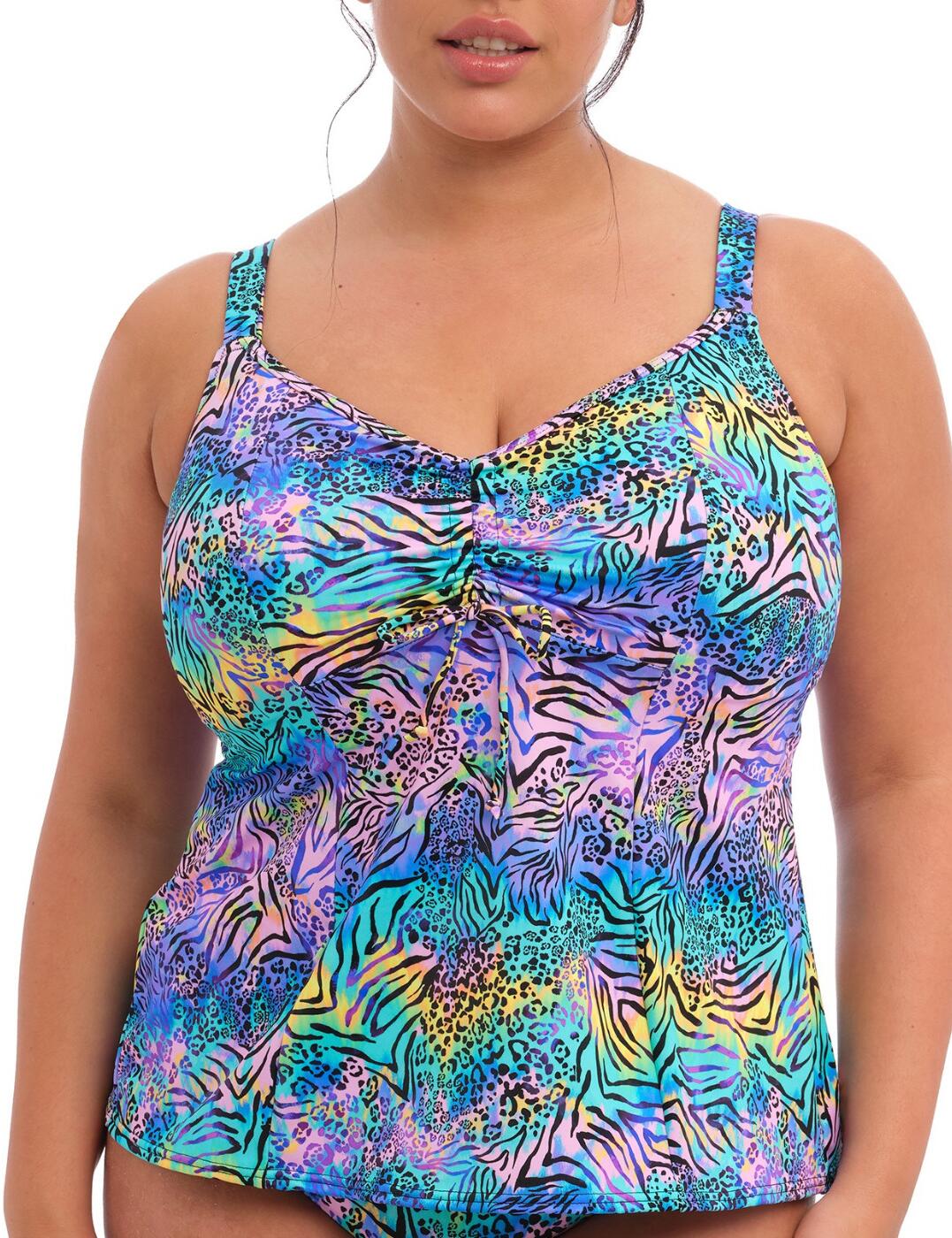 Ensure a riveting look every wear in the Elomi Electric Savannah moulded tankini top. This swimwear staple features a vibrantly-patterned zebra design, perfect for anyone who loves a statement print. Crafted with comfort in mind, this non-wired and non-padded tankini top has a light seamless foam cup which gives your bust a beautiful round shape. The front is lined and it features partial powernet lining to keep the cups anchored into place. The elasticated underband provides comfortable support, while the adjustable shoulder straps mean you can tailor the fit for you. To finish off this exotic style, there are matching and coordinating pieces available to complete the look!  Moulded tankini top Vibrant zebra print design Non-wired for comfort Non-padded Front is lined Partial powernet lining to keep cups anchored Light seamless foam cup for round shape Wide elasticated underband Adjustable shoulder straps Matching coordinates available Country of origin: Indonesia Composition: 82% Polyamide &pipe; 18% Elastane Listed in UK sizes  60703-105629-1387750 800761 Non-Padded Tankini Top