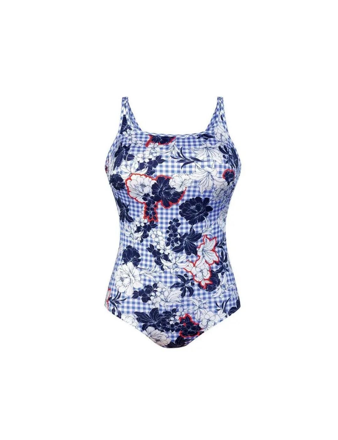 Radiant colours and exciting contrasts! With the enchanting Venedig mastectomy one piece, your beach look will be perfect! The swimsuit features an elegant layered print of blue and white gingham beneath finely sketched flowers. The slim, adjustable double straps arealso elegant, with subtle accents in the playful print design of the North Shore series.  Chic and sophisticated, feminine design Non-wired and non-padded Perfect for fuller figures! High quality lining for full opacity and modesty Adjustable straps- Composition: 73% Nylon, 27% Elastane Listed in UK sizes    40383-73820-987472 6214 Swimsuit