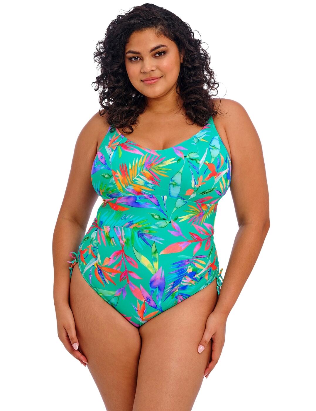 Dive into your next trip away with the Elomi Toyama Tides swimsuit this season. This vibrant swimsuit features a stunning botanical-inspired print that will have you standing out on any beach or poolside. But it's not just the bold design that makes this swimsuit a must-have. With full cup coverage and a wireless, non-padded design, it offers ultimate comfort and a natural shape. Elomi knows that every body is unique and that's why they've included an adjustable suspended shelf and shoulder straps, along with a classic back clasp closure. You can customize the fit to suit your unique shape and feel confident and secure all day long. And with full rear coverage, you'll feel comfortable and covered while still looking and feeling stylish.