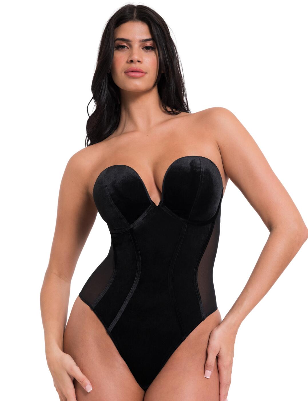 For the ladies who want an extra level of allure from their lingerie, this Scantilly by Curvy Kate Icon plunge strapless padded body is perfect. This indulgent fabric flatters your curves with its all-over velvet fabric while still giving your look a touch of sensual mystique with alluring mesh at the sides and rear. The plunging low centre adds to the appeal and showcases your cleavage in an incredibly flattering way. The moulded lightly padded cups enhance your bust even further, ensuring an irresistibly confidence-boosting look. This strapless design features multi-way straps for versatile styling, while a large hook and eye closure down the back provides support. It also has a gusset fastening for ease of wear so you can get changed quickly without any stress. To top it off, it has a high-cut leg and minimal rear coverage for maximum flirty vibes. Now's the time to show off those curves!  Indulgent all-over velvet fabric Alluring mesh at the sides and rear Incredibly flattering piece Low plunging centre Moulded lightly padded cups Underwired Strapless design with multi-way straps for versatile styling Large hook and eye closure down the back Gusset fastening for ease of wear High cut leg Minimal rear coverage Country of origin: China Composition: Main: 92% Polyester &pipe; 8% Elastane Composition: Lining: 100% Polyamide Composition: Lining 2: 100% Polyester Composition: Mesh: 92% Polyamide &pipe; 8% Elastane Composition: Wing Mesh: 59% Polyamide &pipe; 41% Elastane Composition: Gusset Lining: 100% Cotton &pipe; Excluding trims Listed in UK sizes  60911-105862-1394445 ST031704 Body