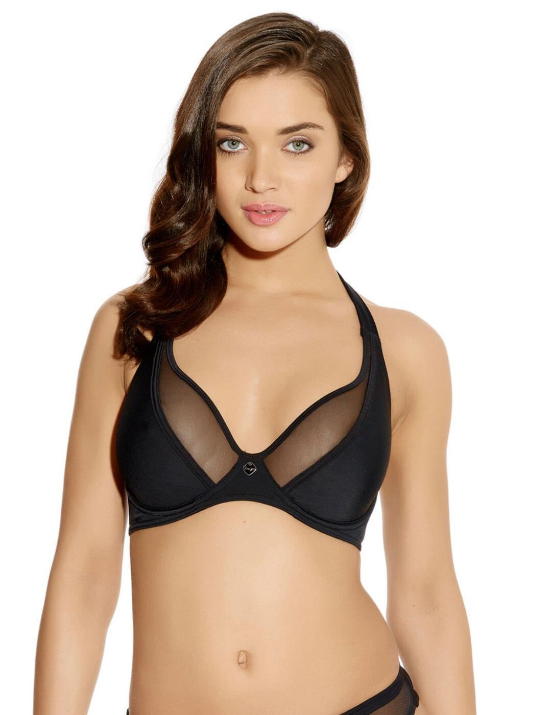 Freya have designed the new Superstar swimwear collection so that you can wear the classic black bikini with a new twist. The sexy Freya Superstar halter bikini top features semi sheer mesh with a low plunge neckline. The top is underwired and fastens at the neck with a tie, and at the back with a clasp.In stock and ready for despatch. 14786-23734-1314126  Black
