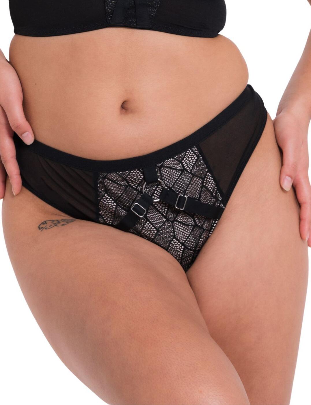 Experience unbeatable comfort and irresistible style with the Curvy Kate Non-Stop thong! Gorgeous lace detailing at the front is complimented by delicate mesh panels along the sides. The back of the piece hugs close with minimal rear coverage, perfect for accentuating your curves! A unique feature of this mid-rise thong is its harness detail at the front, which adds an extra touch of sensuality, plus silver plated hardware that gives it a shine. For a matching look be sure to check out the coordinating items in this collection you won t be disappointed!