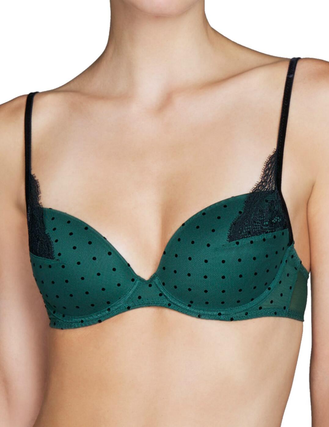 A fabulous new look is just at your fingertips! Indulge in glamorous and high-quality lingerie, with the Saturn collection, by Andres Sarda! Offering a classic and chic, polka-dot design with a contemporary twist, Saturn oozes sophistication and elegance, with decorative, luscious lace at the apex, to complete the look. This bra is underwired to offer great support and uplift and it is also padded to accentuate cleavage and offer a natural-looking boost. The plunge style cups offer a flattering neckline and the bra secures at the rear with a traditional hook and eye fastening.  Chic and elegant design Comfortable fit Underwired support Padded for uplift Popular plunging design Beautiful lace on the apex of the cups Adjustable straps Hook and eye closure at the rear Composition:- 69% Polyester &pipe; 28% Polyamide &pipe; 3% Elastane Listed in UK sizes  41009-75038-997715 3306916 Padded Plunge Bra