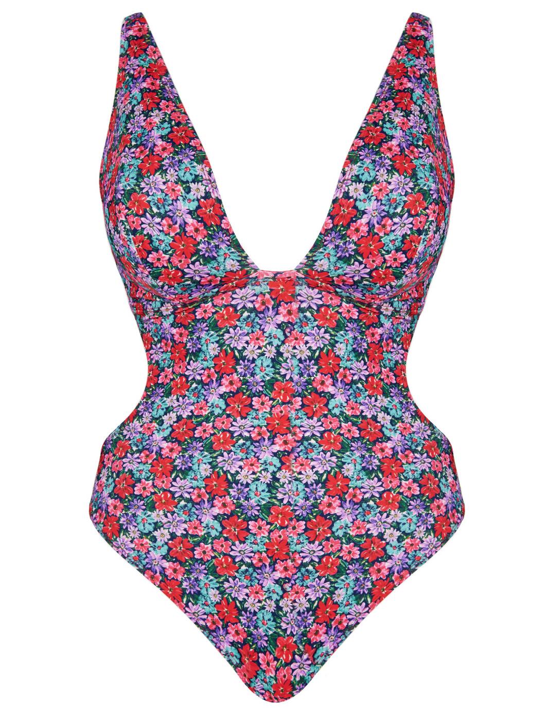 Dive into Curvy Kate this season with this gorgeous swimsuit from the Kitsch Kate range by Curvy Kate! Designed for plus sizes, the flattering plunge neckline and cut-out sides will accentuate your beautiful curves. The vintage style floral print will turn heads at the beach and pool for all the right reasons! Constructed from sustainable, recycled fabrics, this swimsuit is a more eco-friendly choice as well, without compromising on style. Cross and halter fasten options allow you to adjust this swimsuit to create your desired fit. Non-wired and non-padded for a more natural feel that still supports all the right areas. Take advantage of this swimsuit today!  Beautiful plunge swimsuit Ditsy vintage style floral print Made from recycled materials Trendy and flattering cut-out sides Non-wired and non-padded Country of origin: China Composition: Listed in UK sizes  61033-105993-1397764 CS033606 Swimsuit