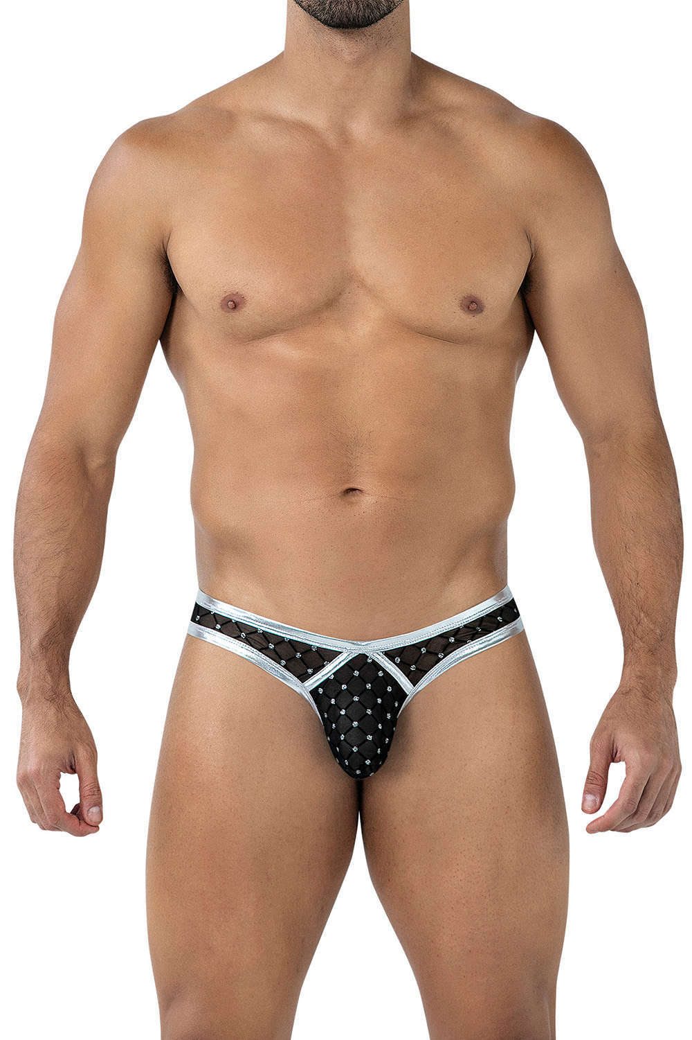 Shop enhancing Cut4Men R4VAGE Support Thong men’s pouch underwear in see through mesh with shiny metallic trim. More sexy skimpy male lingerie online