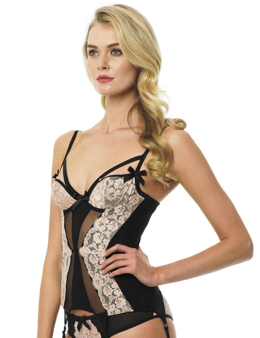 Enticing and alluring, the Vivienne Basque from Bluebella is provocative and feminine and will make you look and feel fabulous. Beautiful floral lightly padded lace plunge cups with contrasting satin trim and directional strapping, is both exciting and glamorous. The bodice has alternate panels of soft lace, sheer mesh and satin giving it a gothic feel. With four integral adjustable suspender straps, adjustable shoulder straps, and hook and eye fastening to the rear, this basque creates a true hourglass shape. Flattering and daring, a must have for your lingerie collection.  Provocative and feminine Lightly padded floral lace plunge cups Directional strapping Soft lace Sheer mesh panels Integral and adjustable suspender straps Adjustable shoulder straps Hook and eye fastening to rear Composition:- 92% Polyamide &pipe; 8% Elastane Composition:- Mesh: 93% Polyamide &pipe; 7% Elastane Composition:- Padding 100% Polyester  Listed in UK sizes    34785-63971-845192 30042 Basque