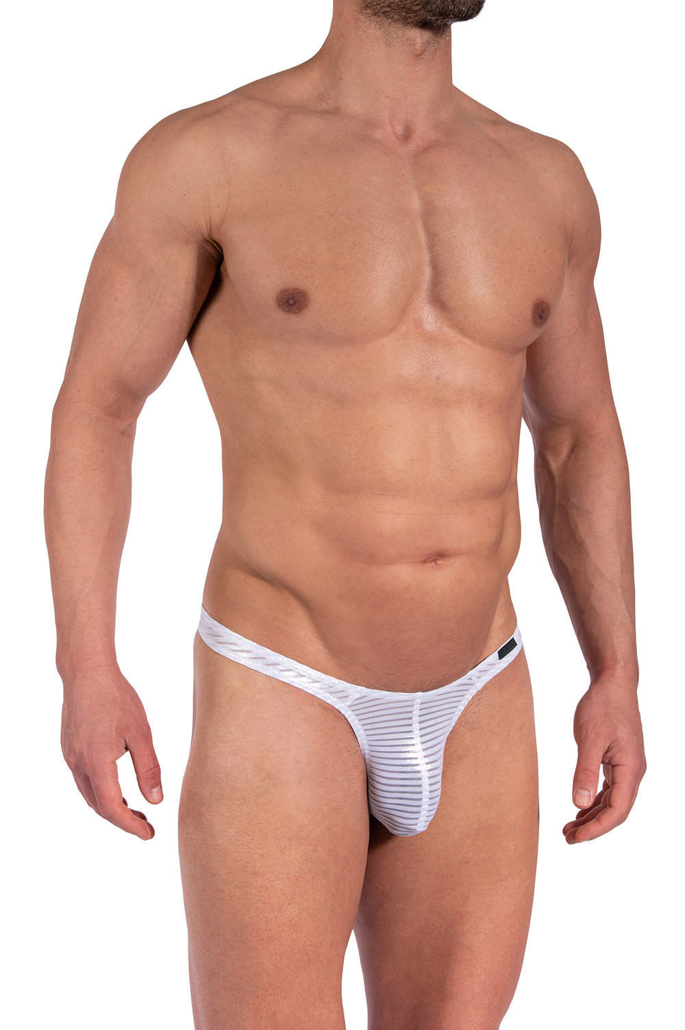 Manstore M2375 Tower String men’s pouch underwear thong briefs glisten in semi transparent stripes. Shop sexy enhancing male slips in private online