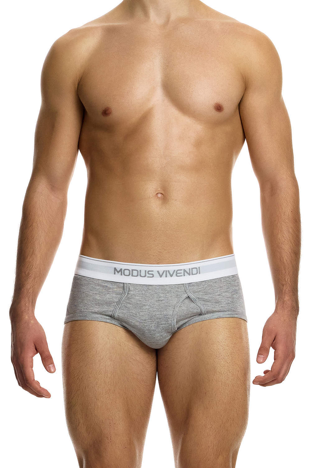 Shop classic men’s underwear Modus Vivendi 100% Cotton Staple Fly Brief in fabric. Luxury basic male midi slips - left hand opening
