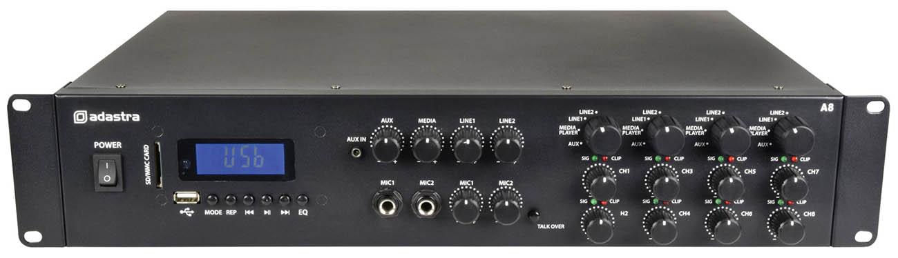 Mixer PA Amplifer with USB, SD, Bluetooth and FM Tuner - 8 Zone