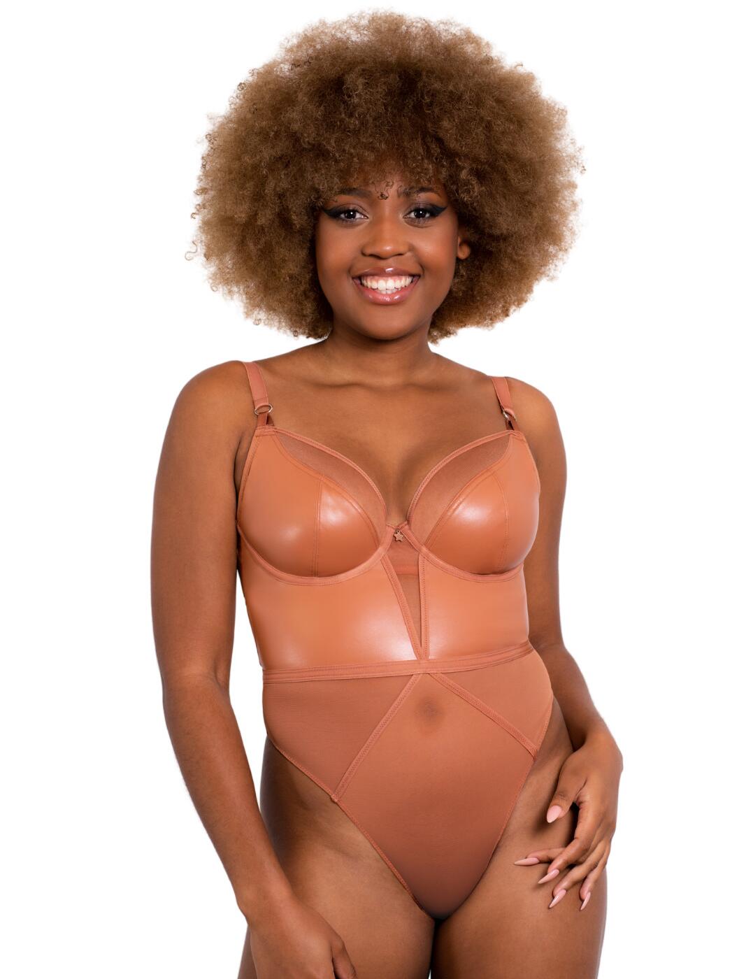 Turn up the heat with the Lucky Star plunge body by Curvy Kate. This sultry piece is crafted from a blend of faux leather and semi-sheer mesh to give you a truly irresistible look. Put your curves in the spotlight with the deep plunging neckline and sexy mesh panels. Underwired cups give you the lift and support you want. The sensual sheer mesh smooths whilst giving a teasing glimpse of skin. A flattering high-leg cut gives the effect of elongated legs. A completely sheer back is sure to get hearts racing.  A sultry blend of glossy faux leather and sheer mesh The cheeky sheer mesh back showcases your curves Underwired and non-padded cups give you a natural lift and support Hook and eye closure Adjustable shoulder straps Country of origin: China Composition: Main: 95% Polyester &pipe; 5% Elastane Composition: Lining: 100% Polyamide Composition: Gusset Liner: 100% Cotton Excluding trim Listed in UK sizes  55958-99498-1297672 CK031704 Body