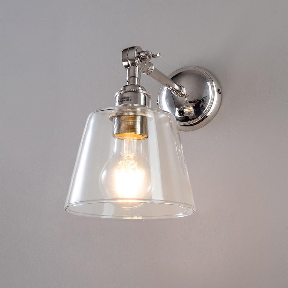 Old School Electric Glass Adjustable Arm Wall Light Tapered Shade Polished Nickel Switched Clear