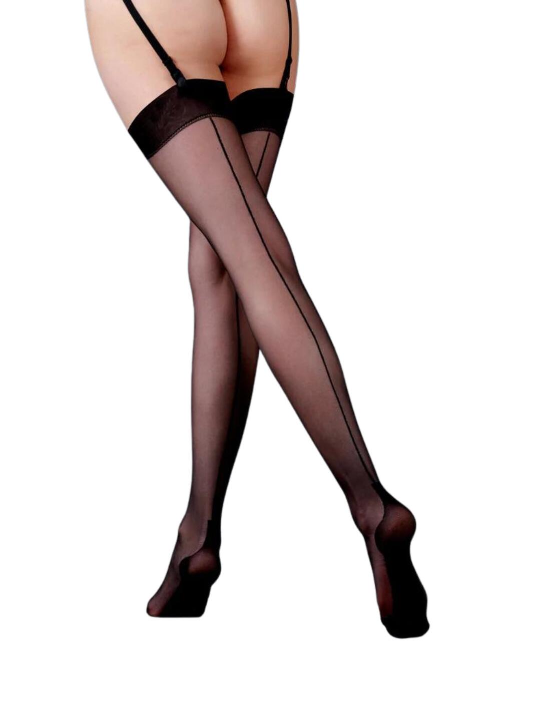Dare to be provocative with Bluebella's back seam stockings this season. Coming with a sheer matte 10 denier finish, these back seam stockings are beautifully feminine. Boasting a gorgeous back seam that flatters and elongates your legs giving you that seductive look you crave. Retro with a modern twist, these back seam stockings are designed to be worn with your favourite suspender belt for a truly iconic look.  Wide simple top for a chic look Pair with your favourite suspender belt Provocative back seam detailing 10 denier sheer matte finish Country of origin: Italy Composition: 92% Polyamide &pipe; 8% Elastane Listed in UK sizes  41455-BK-S 41455 Back Seam Stockings