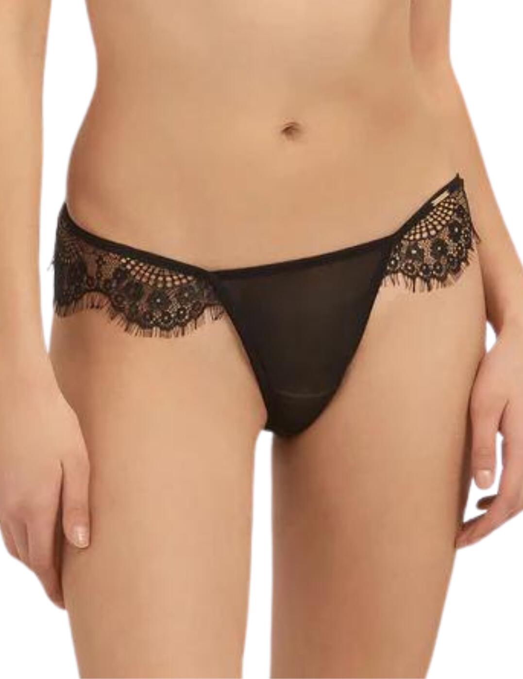 Romantic and chic, Bluebella's Marina collection dares to be bold. This gorgeous thong boasts elegant eyelash lace accents on the sides to frame and flatter your natural curves. Coming to a low-rise waist with a classic minimal rear coverage this piece has a cheeky irresistible flair. Crafted with semi-sheer mesh on the front and rear panels to add a modern touch.  Beautiful eyelash lace accents Low-rise waist Minimal rear coverage Semi-sheer mesh panelling Soft elasticated waistband Country of origin: China Composition: 100% Polyamide Listed in UK sizes  40164-BK-8 40164 Thong