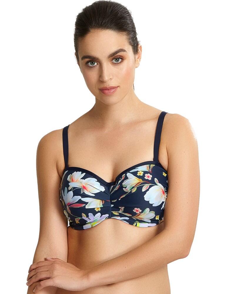 Achieve a sophisticated look in the Florentine range bandeau bikini top by Panache. Features removable and adjustable straps meaning you can get the best fit for you. The bikini top is finished in vibrant colours. Contour cups give a fabulously smooth, rounded shape. Along with flexible side boning for support, this bikini top features a shaping seam down the middle and fastens to the rear with a simple plastic barrel clasp. Pair with matching items from the Florentine range to complete your summer look.  Sophisticated Removable and adjustable straps Underwired Contour cups Vibrant colours Flexible side boning Shaping seam Matching items available Listed in UK Sizes  42340-77510-1031454 SW1053 Bandeau Bikini Top